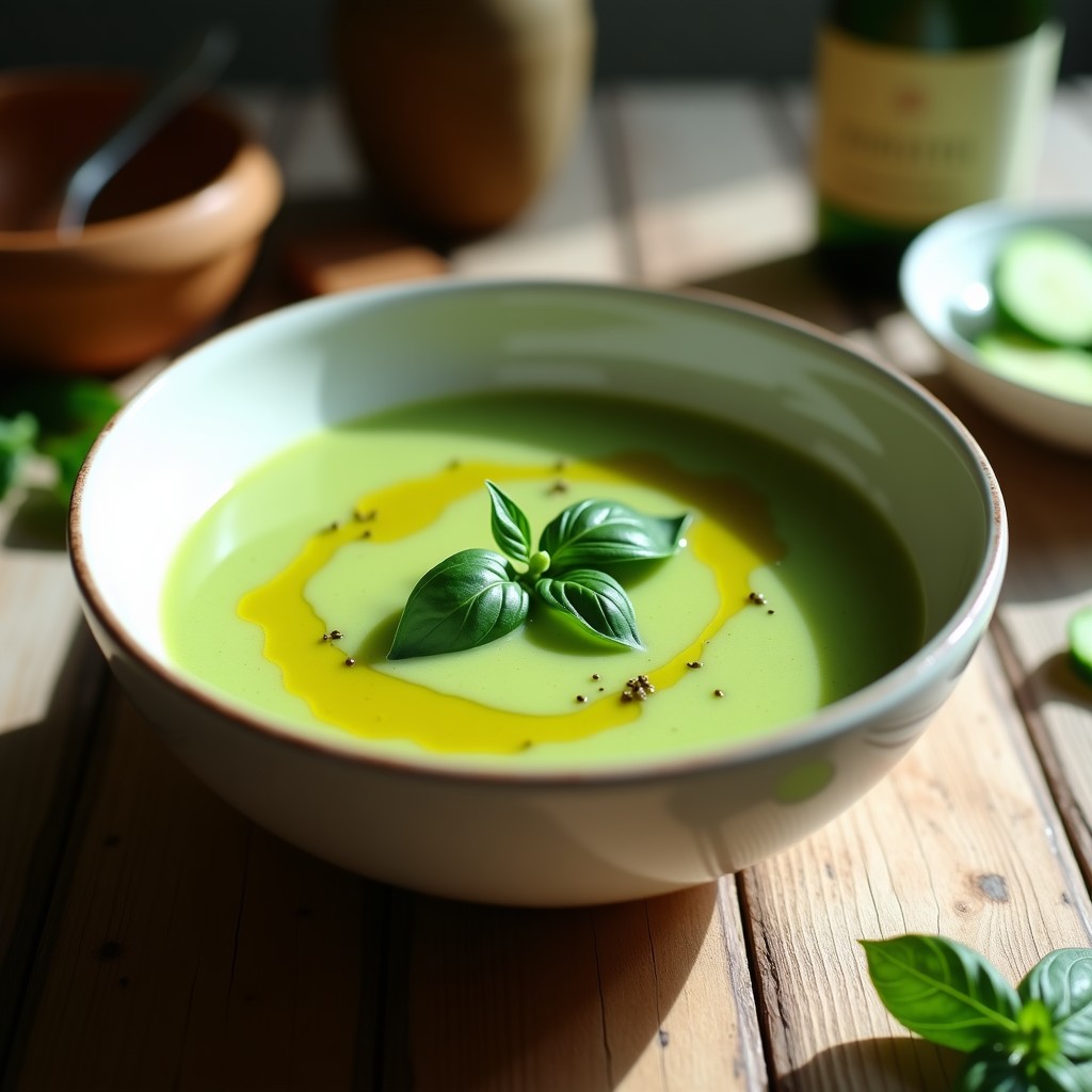 Cuenco de gazpacho andaluz de pepino y albahaca, fresco y cremoso, decorado con hojas de albahaca y un hilo de aceite de oliva virgen extra sobre fondo rústico de madera.