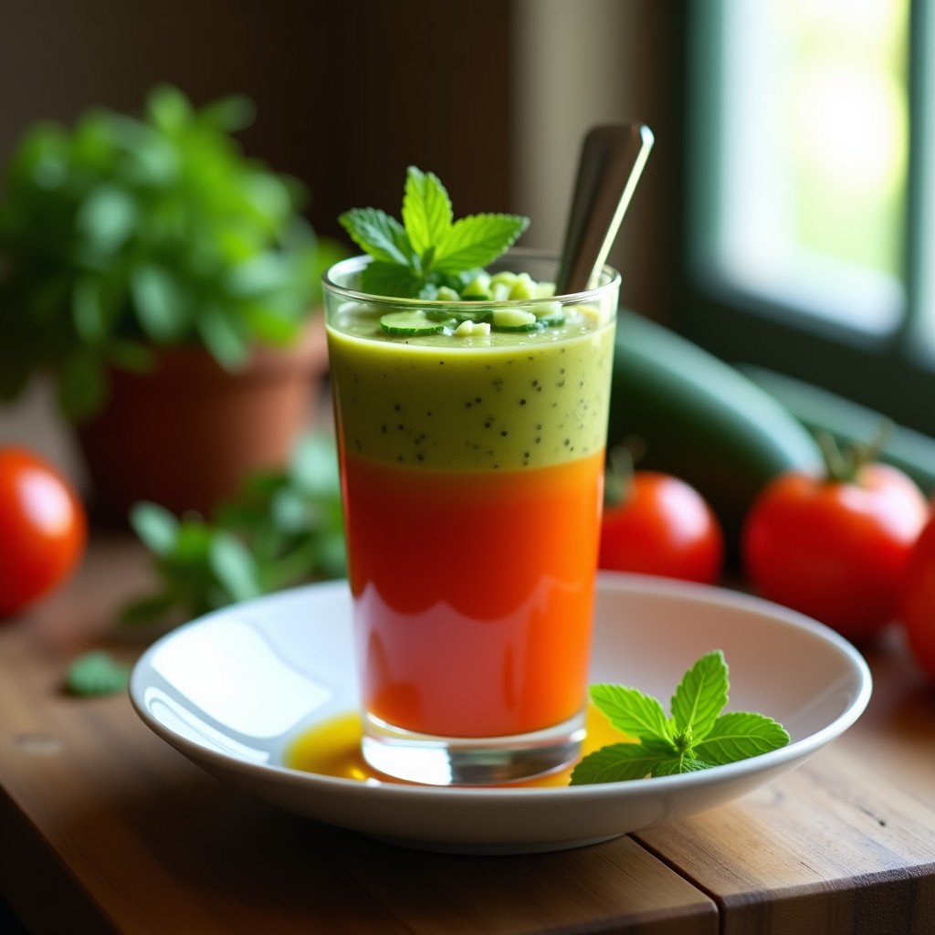 Copa de cristal transparente llena de gazpacho andaluz frío de pepino y menta, decorado con trocitos de pepino, hojas de menta fresca y un hilo de aceite de oliva virgen extra sobre fondo rústico de madera.