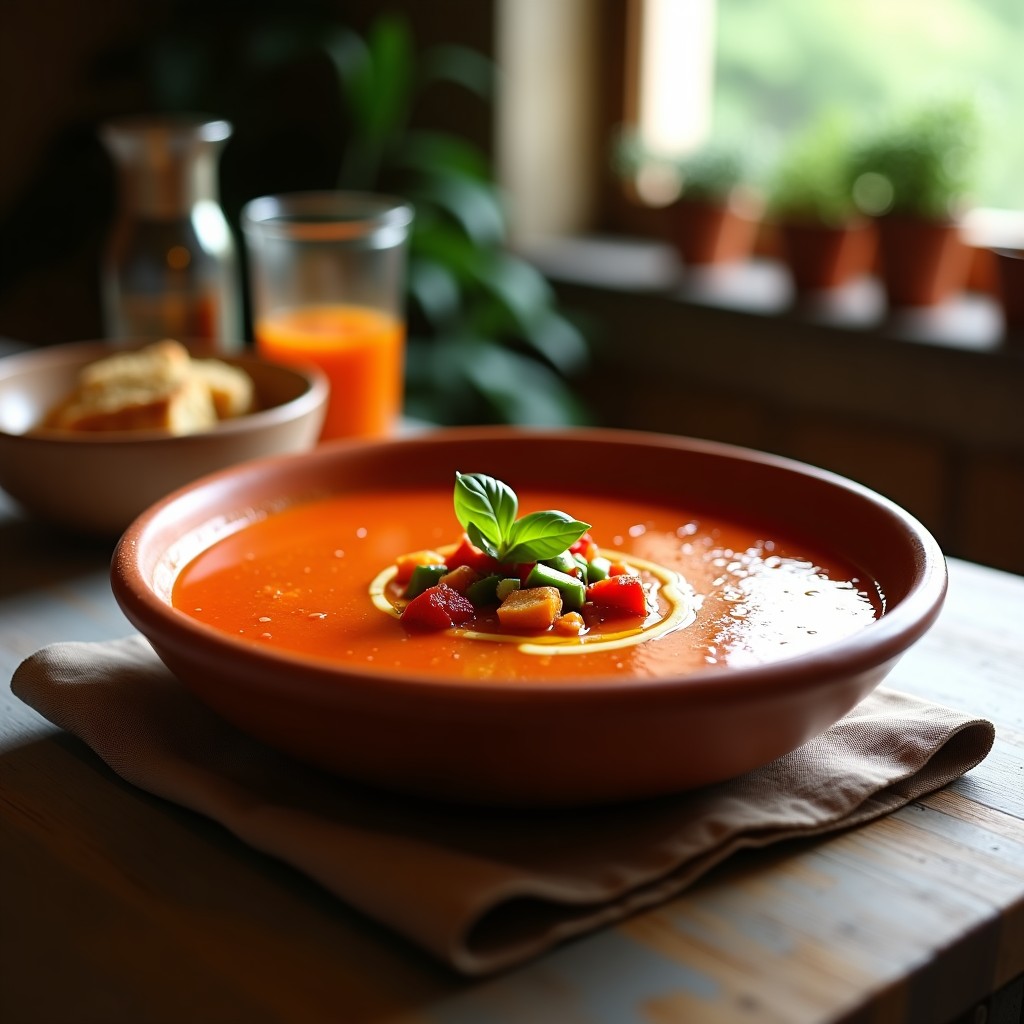 Cuenco de gazpacho andaluz frío con trozos de pimiento asado ahumado, pepino y pan tostado como topping, servido en un plato rústico de barro.