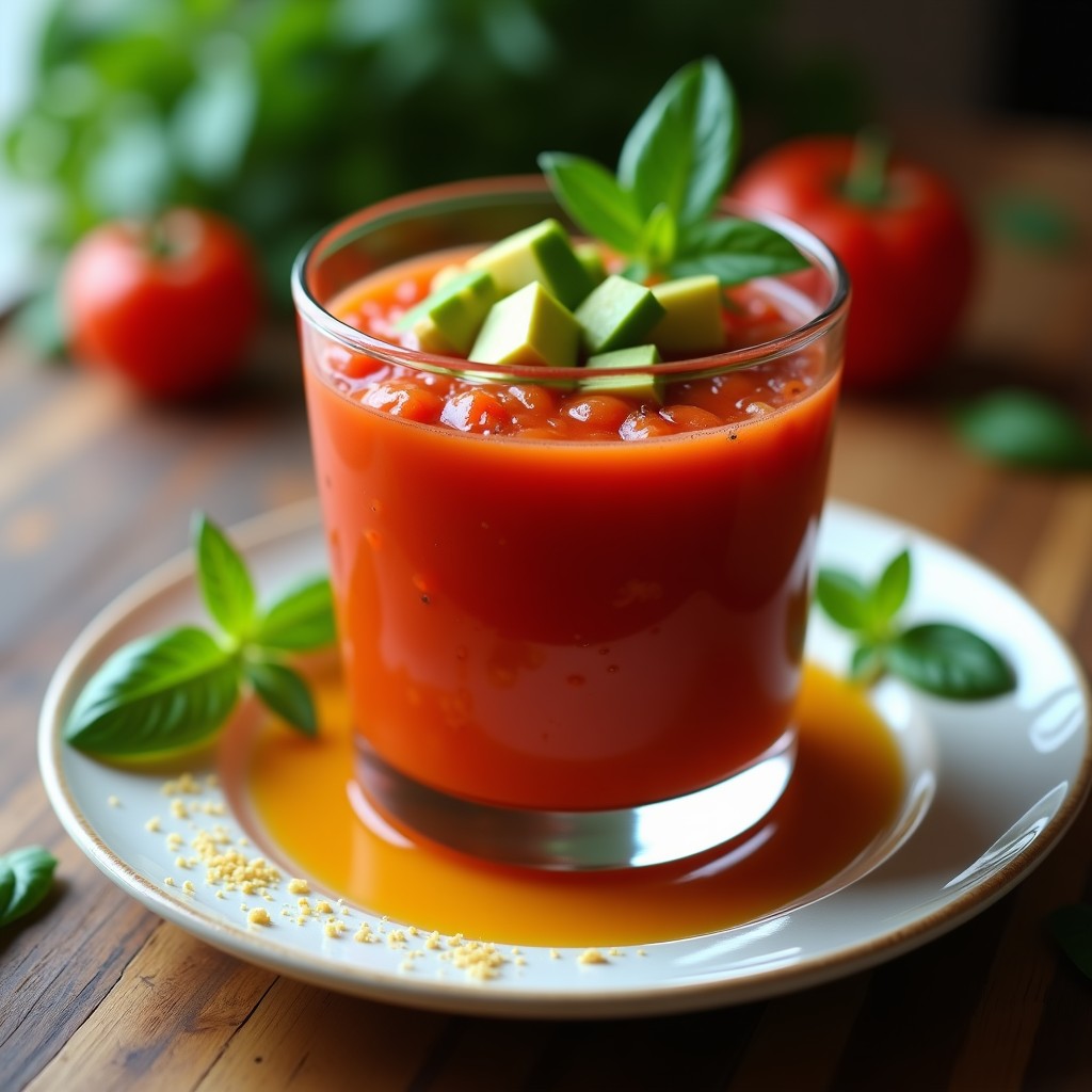 Vaso alto transparente con gazpacho andaluz sin pan, de color rojo intenso, decorado con dados de aguacate y un hilo de aceite de oliva virgen extra sobre fondo rústico de madera.