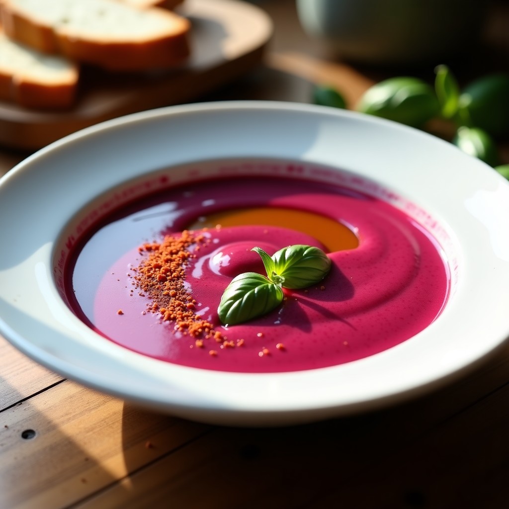 Cuenco de cerámica blanca con gazpacho andaluz de remolacha ahumada, color vibrante rosa-morado, decorado con hilo de aceite de oliva y pimentón ahumado, sobre fondo de madera rústica con hierbas frescas.