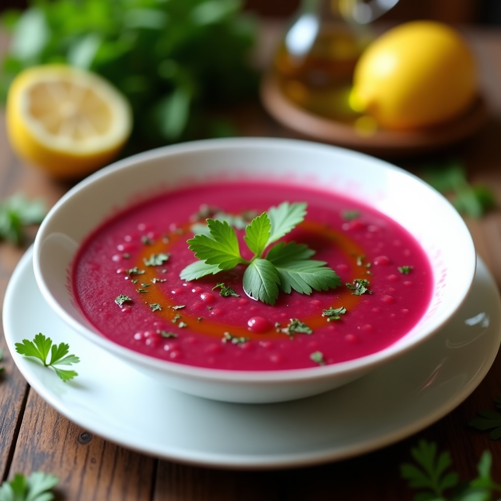 Cuenco de cerámica blanca con gazpacho andaluz de remolacha y cilantro, de color rosa intenso, decorado con hojas de cilantro fresco y un hilo de aceite de oliva virgen extra sobre fondo rústico de madera.