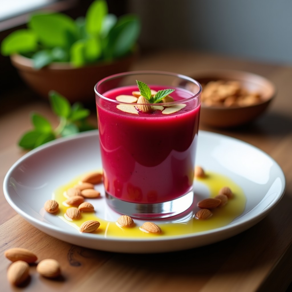 Vaso alto transparente con gazpacho de remolacha de color vibrante, decorado con crujiente de almendras doradas y un hilo de aceite de oliva, sobre una mesa rústica de madera con hierbas frescas al lado.