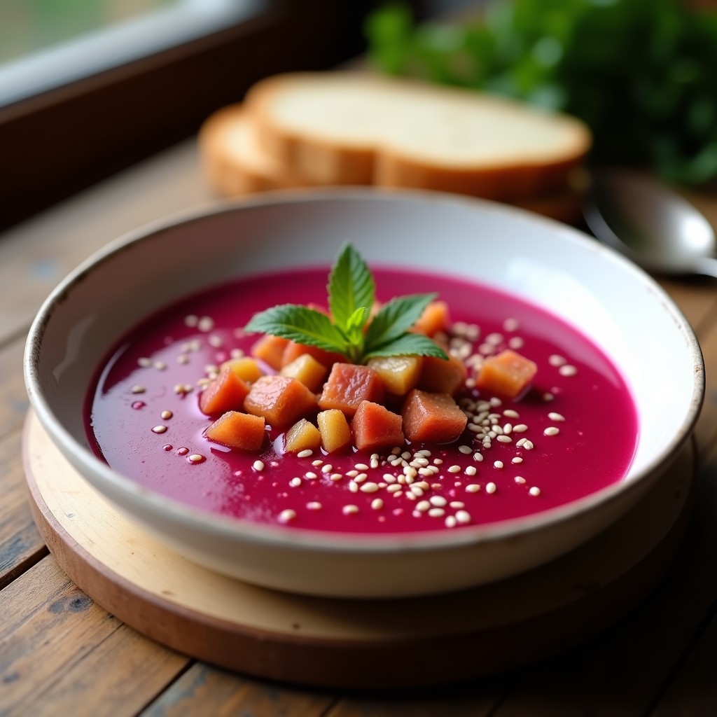 Cuenco de gazpacho andaluz de remolacha de color rosa intenso, decorado con crujiente de jamón serrano dorado y semillas de sésamo, servido sobre una mesa rústica con un hilo de aceite de oliva.