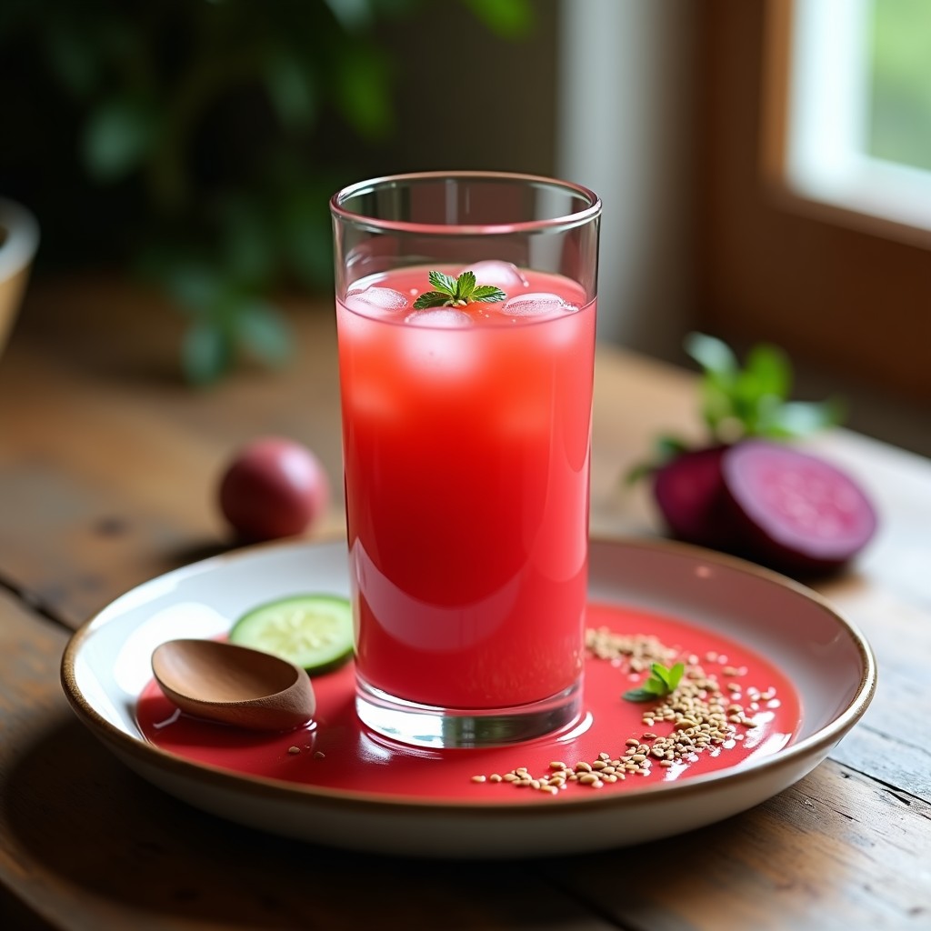 Vaso alto de gazpacho andaluz de remolacha y cúrcuma, con color vibrante rosa-anaranjado, decorado con hielos y semillas de sésamo, servido con una cuchara de madera sobre fondo rústico.