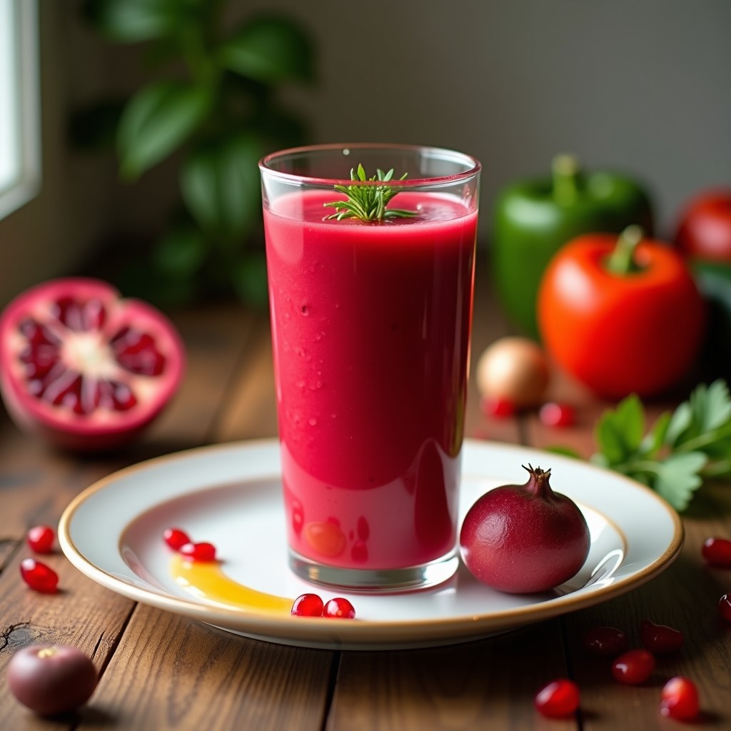 Vaso alto transparente con gazpacho andaluz de remolacha y granada, decorado con semillas de granada y un chorrito de aceite de oliva. Fondo con ingredientes frescos como tomates, pepino y remolacha.