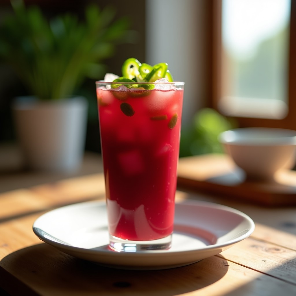 Copa de cristal transparente llena de gazpacho de remolacha andaluz, con color rojo intenso y trocitos de pepino y pimiento verde como decoración. Plato fresco y veraniego con fondo rústico de madera.
