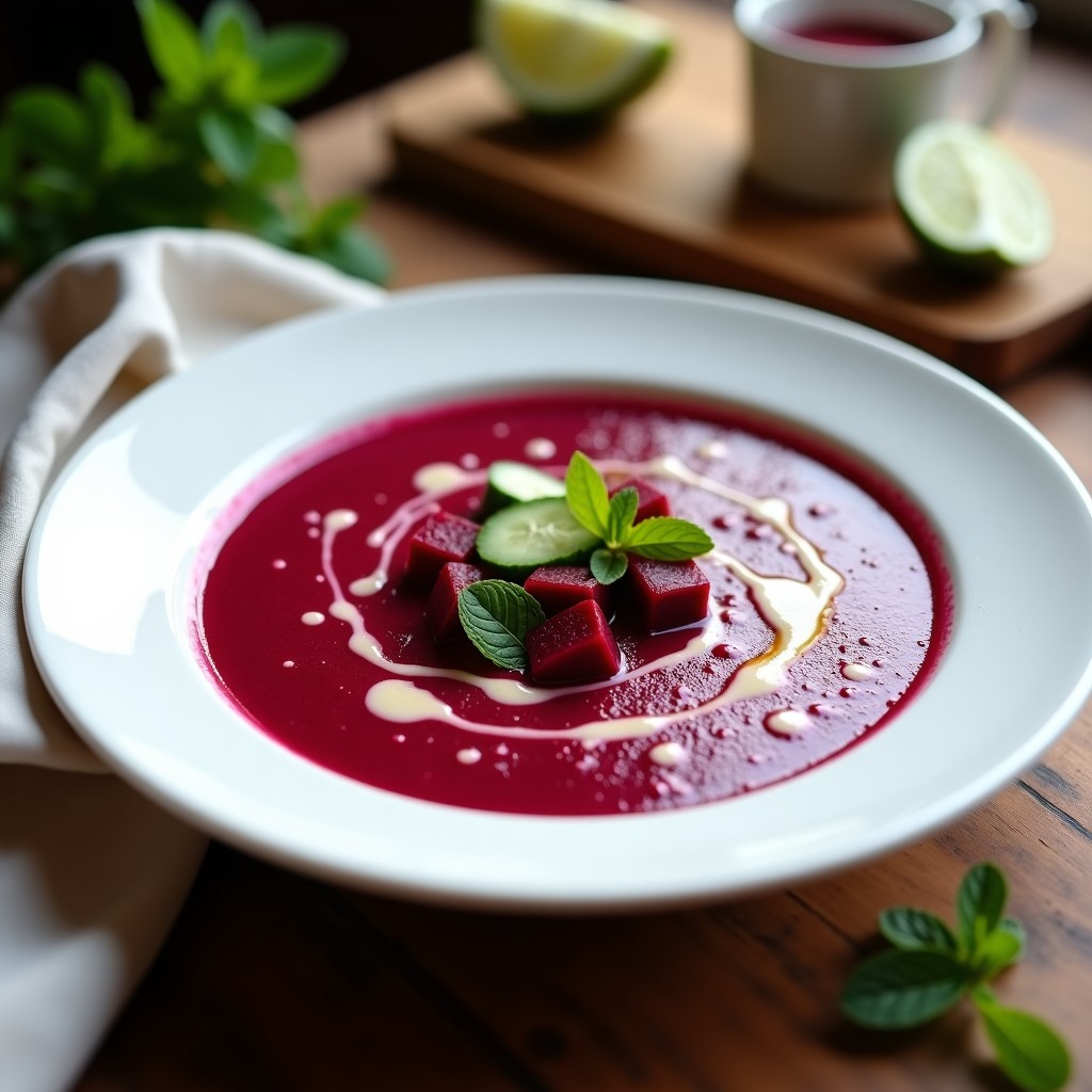 Cuenco de gazpacho de remolacha roja frío, de color vibrante fucsia, decorado con tacos de pepino verde, cubitos de remolacha asada y un hilo de aceite de oliva virgen extra, sobre fondo rústico de madera.