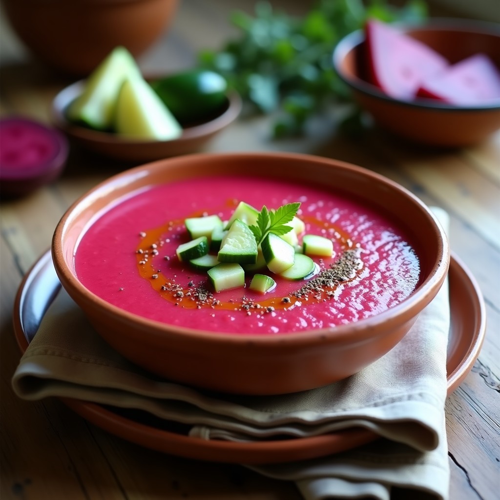 Cuenco de gazpacho de remolacha rosada con color vibrante, decorado con cubos de pepino y un hilo de aceite de oliva, servido frío en un plato rústico de barro.