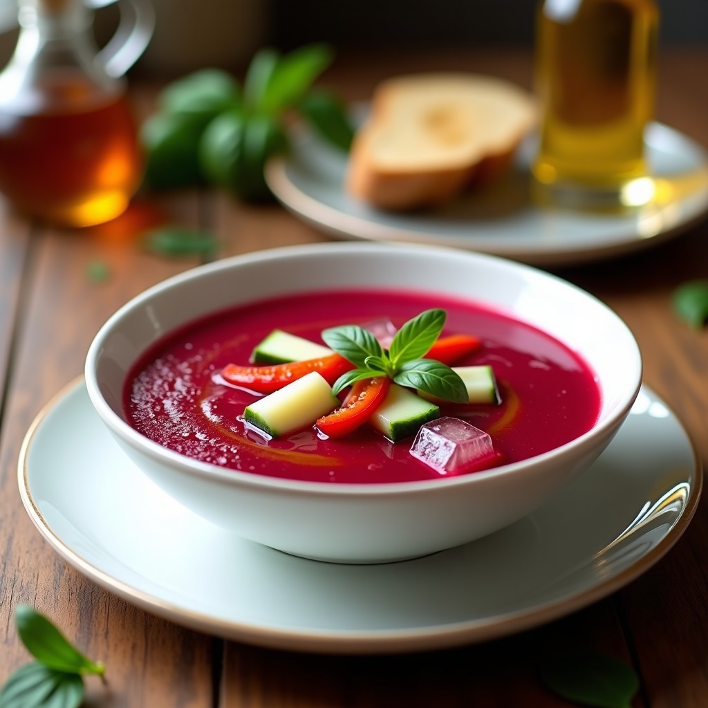 Cuenco de gazpacho andaluz de remolacha en Thermomix, con color rojo intenso, decorado con trozos de pepino, pimiento y un hilo de aceite de oliva virgen extra sobre fondo rústico.