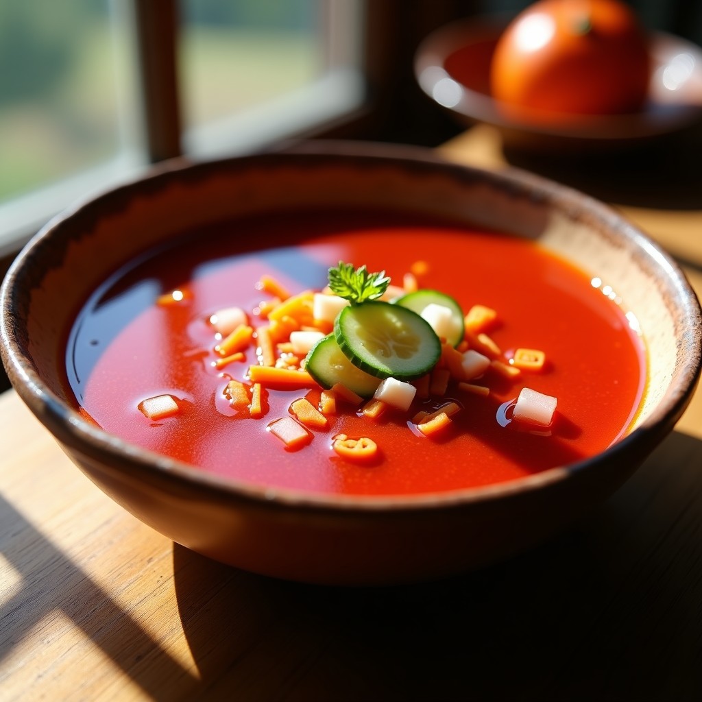 Cuenco de gazpacho andaluz de remolacha y zanahoria, color rojo intenso con toques anaranjados, decorado con trocitos de pepino, zanahoria rallada y un hilo de aceite de oliva virgen extra sobre fondo rústico de madera.