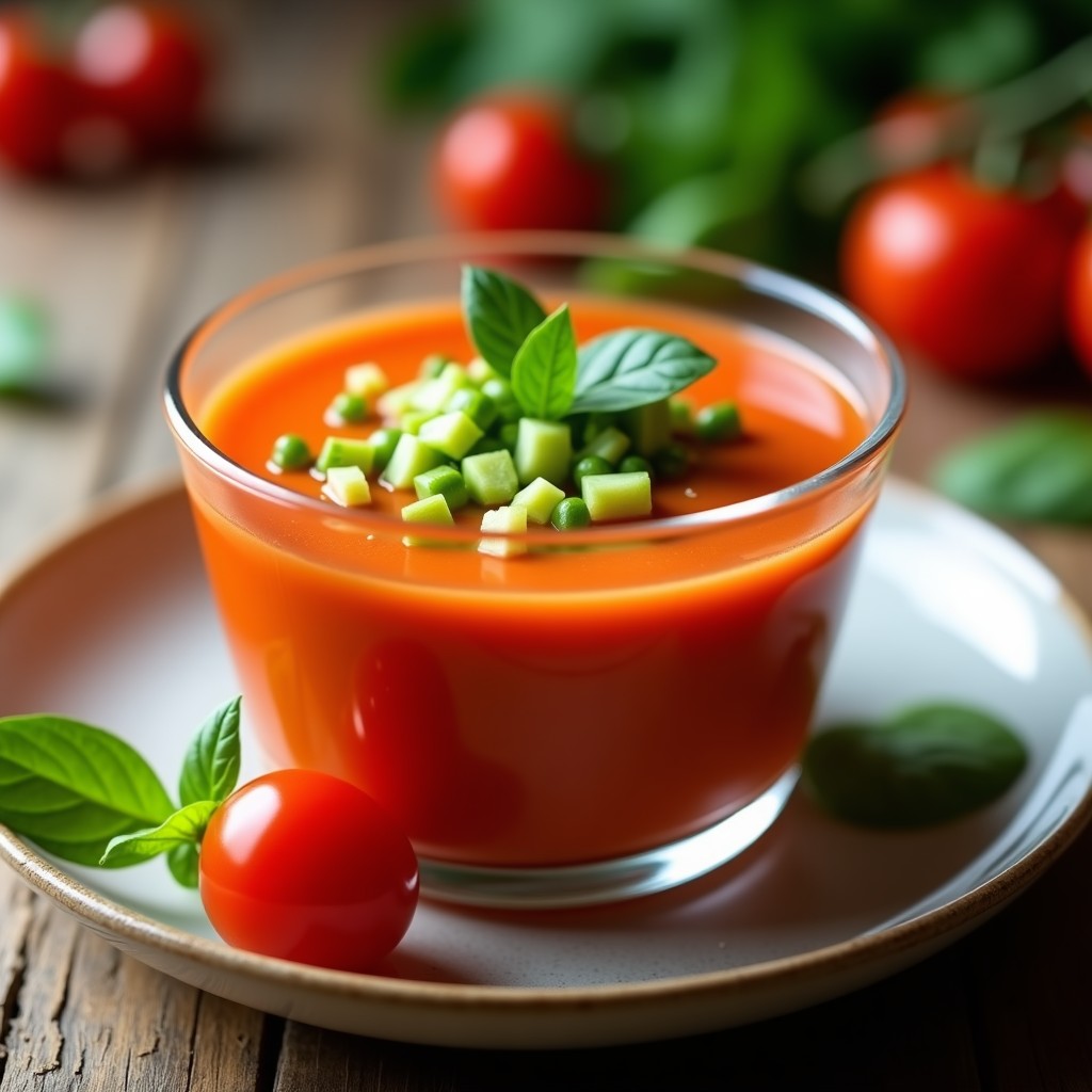 Copa de cristal transparente con gazpacho andaluz cremoso, decorado con trocitos de pimiento rojo, pepino y un hilo de aceite de oliva virgen extra sobre fondo rústico de madera.