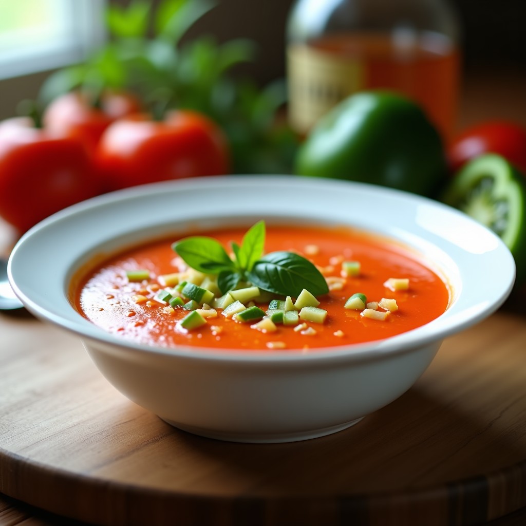 Cuenco de cerámica blanca con gazpacho andaluz ultracremoso, decorado con trozos de pepino, pimiento y hojas de albahaca, receta thermomix sin pan.