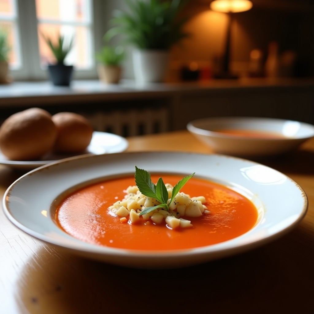 Cuenco de cerámica blanca con gazpacho andaluz frío, decorado con trocitos de pepino, pimiento verde y croutons, sobre una mesa rústica de madera con un chorrito de aceite de oliva virgen extra.