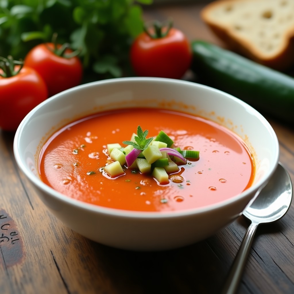 Cuenco de cerámica blanca con gazpacho andaluz fresco, decorado con trozos de pepino, pimiento verde y cebolla morada, sobre una mesa rústica de madera con un chorrito de aceite de oliva virgen extra.