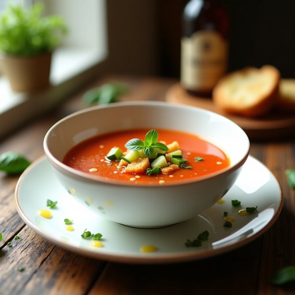Cuenco de cerámica blanca con gazpacho andaluz tradicional frío, decorado con trozos de pimiento verde, pepino y croutons, sobre una mesa rústica de madera con fondo de cocina campestre.