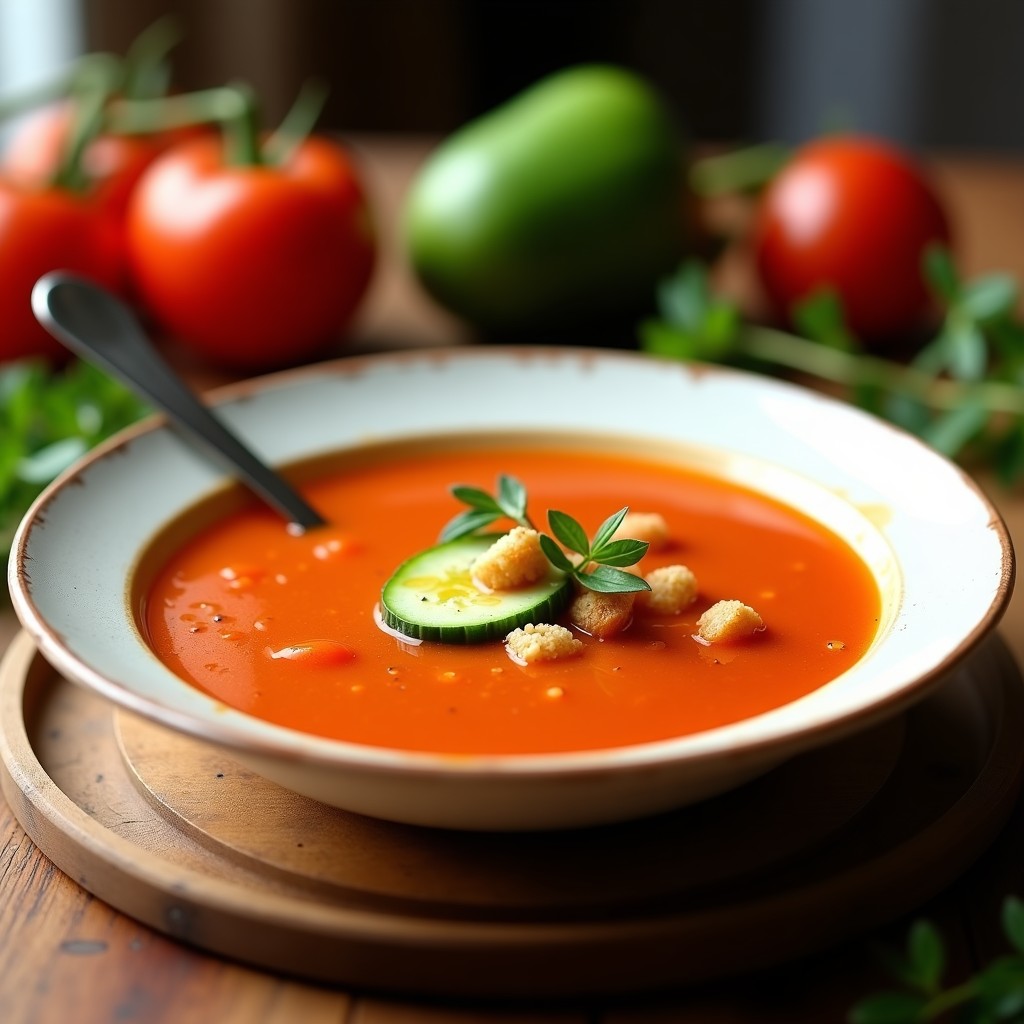 Cuenco de cerámica blanca con gazpacho andaluz tradicional, decorado con trozos de pepino, pimiento y croutons, servido con una cuchara de madera y un chorrito de aceite de oliva virgen extra.