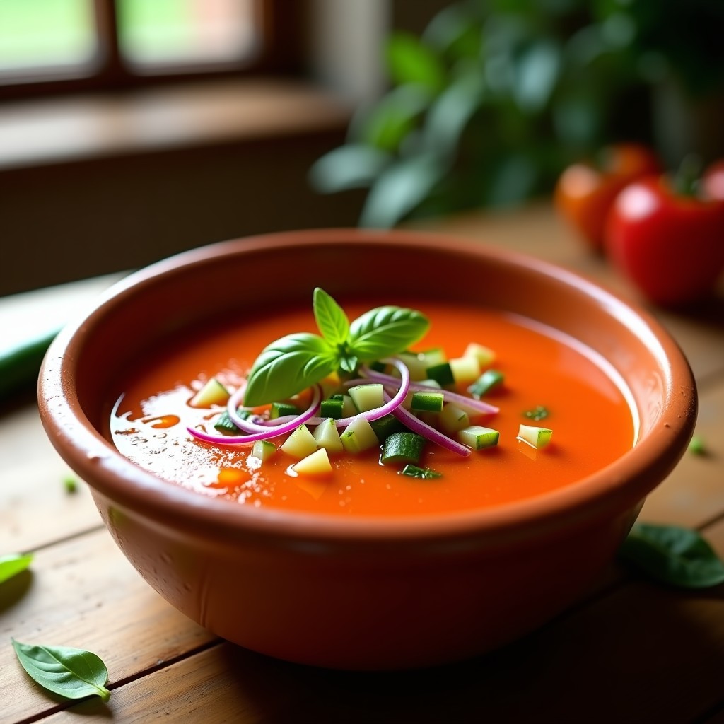 Cuenco de barro rústico con gazpacho andaluz tradicional sin aceite, decorado con trozos de pepino, pimiento verde y cebolla morada. Fondo con hierbas frescas y luz natural de verano.