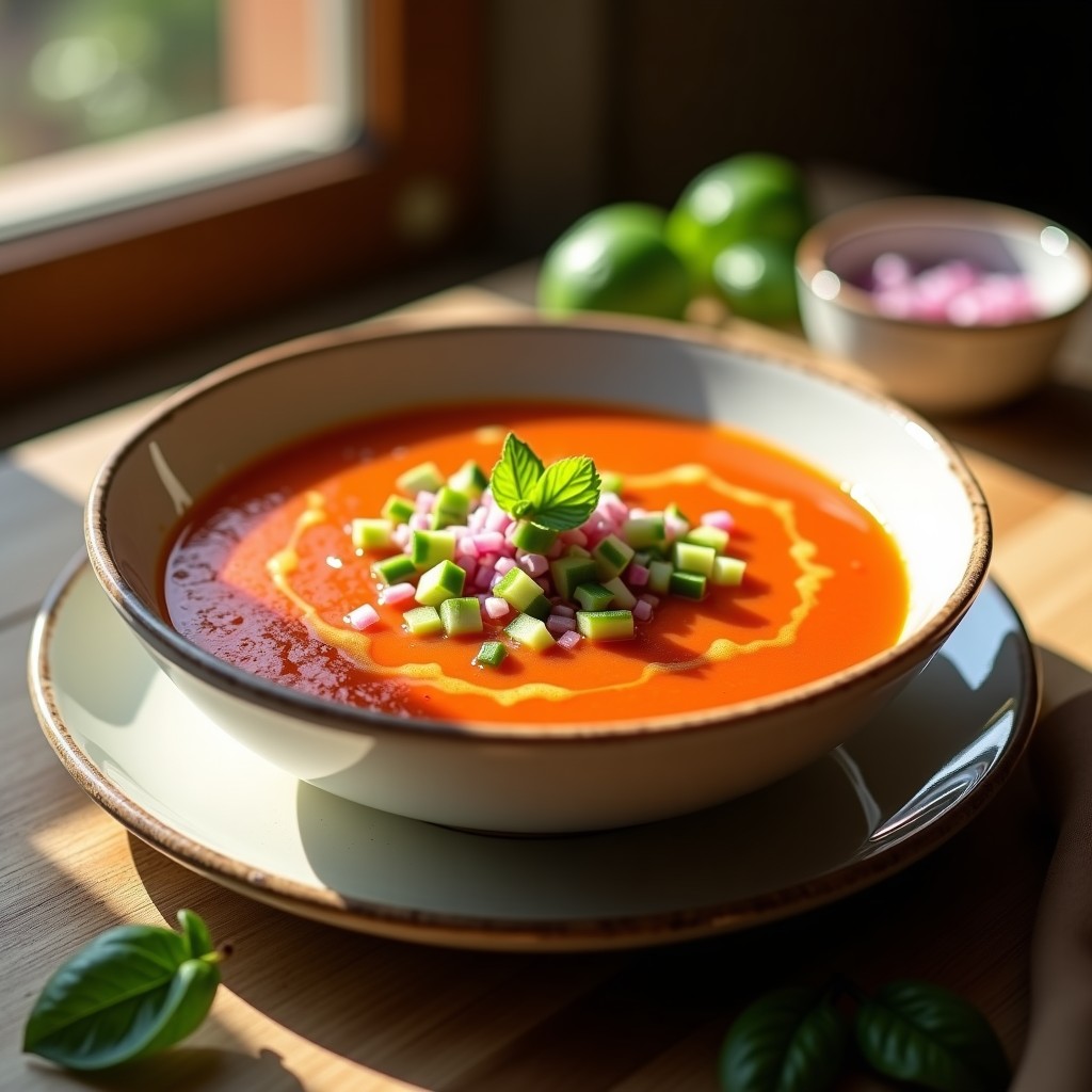 Cuenco de gazpacho andaluz tradicional en loza blanca, decorado con trozos de pepino, pimiento verde y cebolla morada, con un hilo de aceite de oliva virgen extra en la superficie.