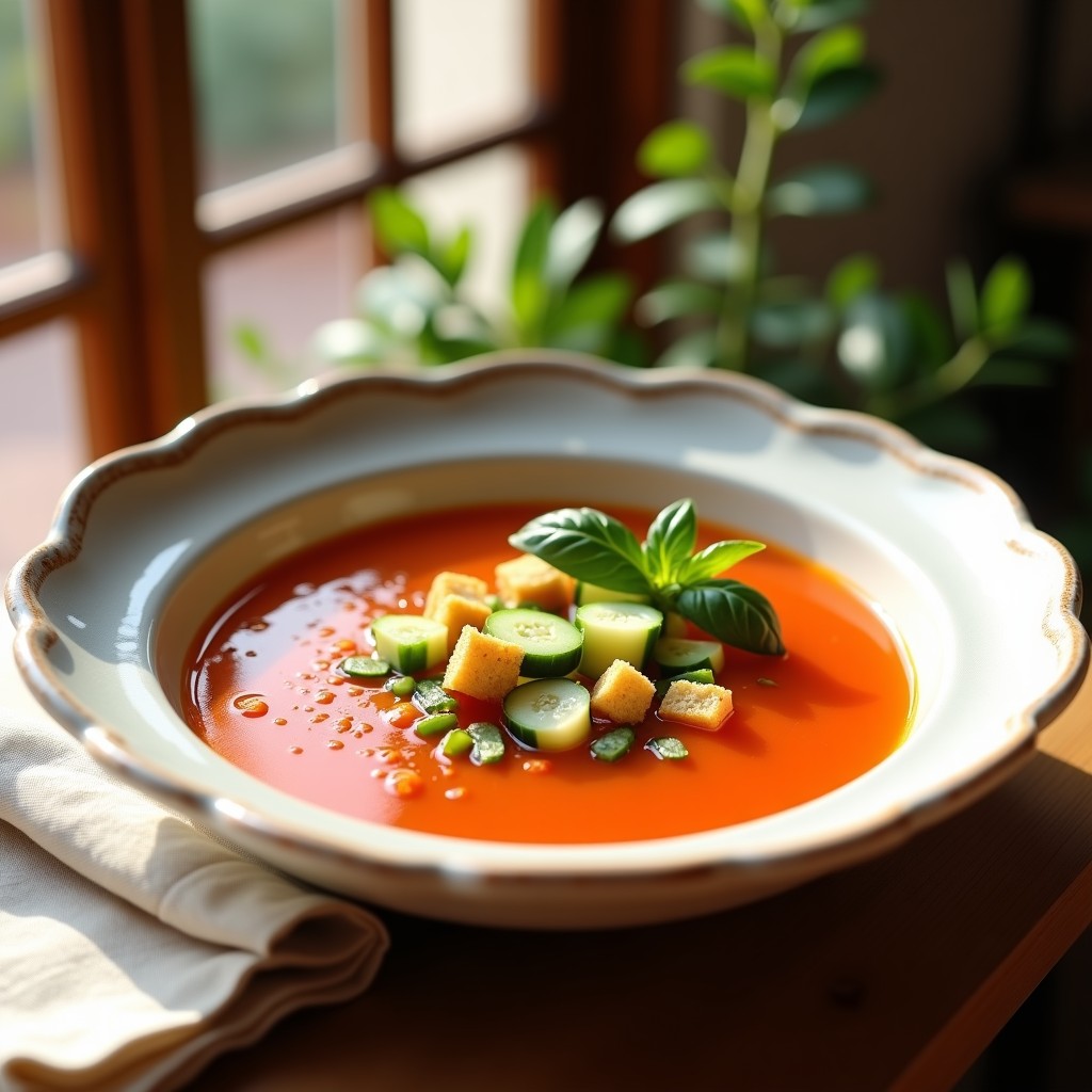Cuenco de gazpacho andaluz tradicional con trozos de pepino, pimiento y croutons, servido frío en un día soleado.