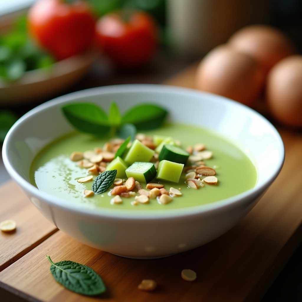 Cuenco de cerámica blanca con gazpacho andaluz sin tomate, de color verde claro, decorado con trocitos de pepino, pimiento verde y almendras picadas. Fondo con tabla de madera rústica y hierbas frescas.