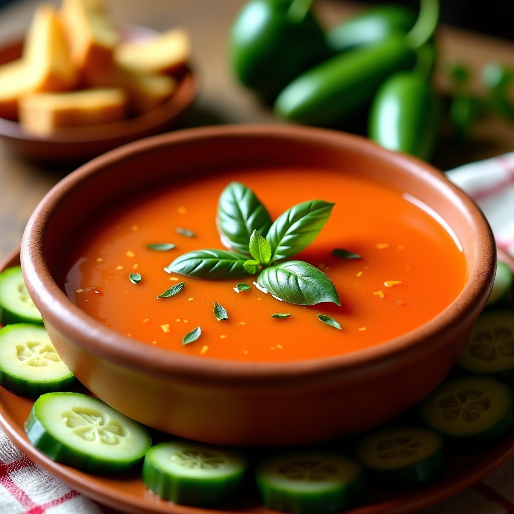 Cuenco de barro rústico con gazpacho andaluz tradicional, rodeado de trozos de pepino, pimiento verde y croutons. Plato fresco y colorido, ideal para llevar en tupper.
