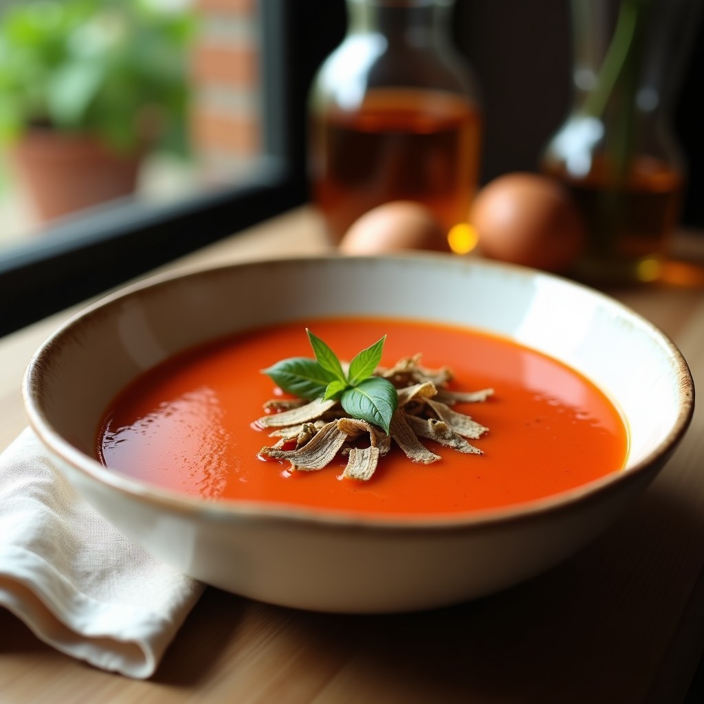 Cuenco de gazpacho andaluz trufado en dos capas, con base cremosa de tomate y capa superior con aceite de trufa, decorado con virutas de trufa negra fresca y un hilo de aceite de oliva.