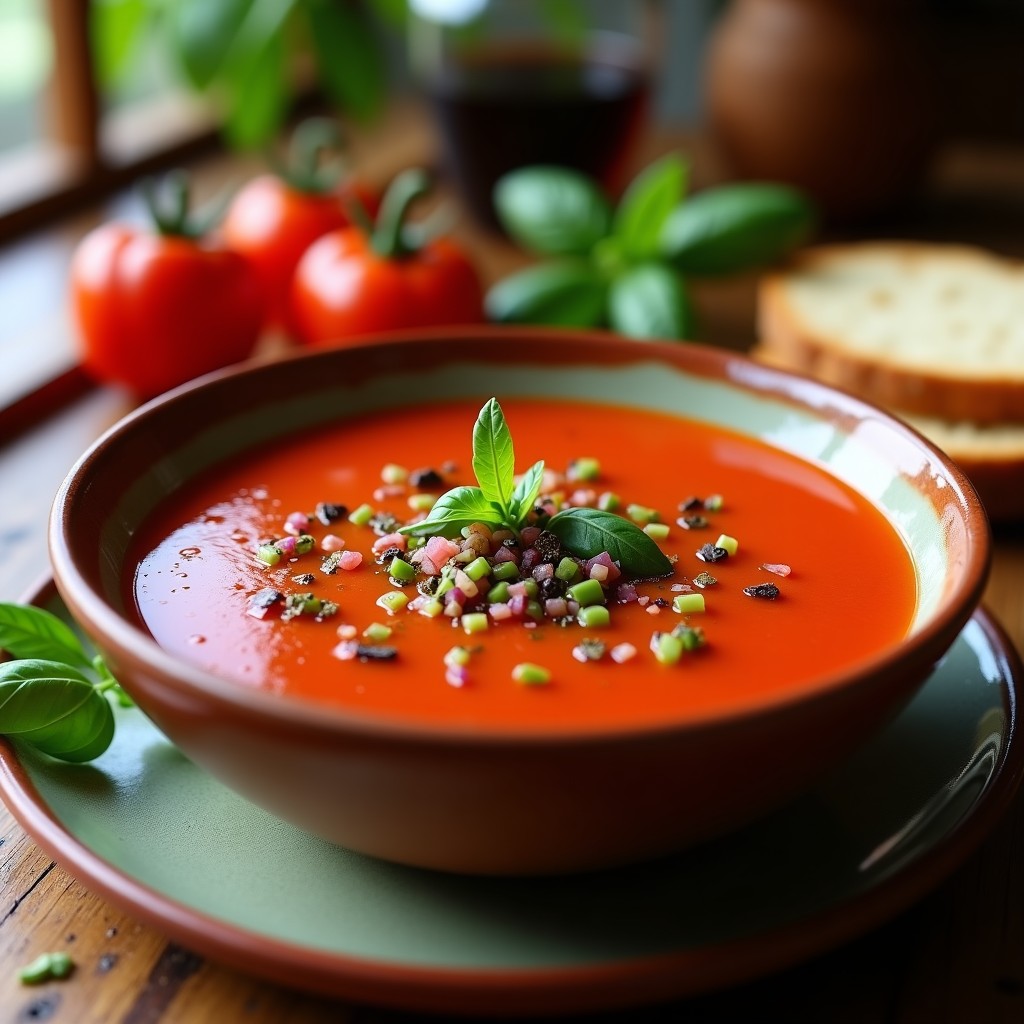Cuenco de gazpacho andaluz trufado con textura sedosa, decorado con trozos de pimiento verde y cebolla morada, y un hilo de aceite de trufa negra por encima. Plato fresco ideal para verano.