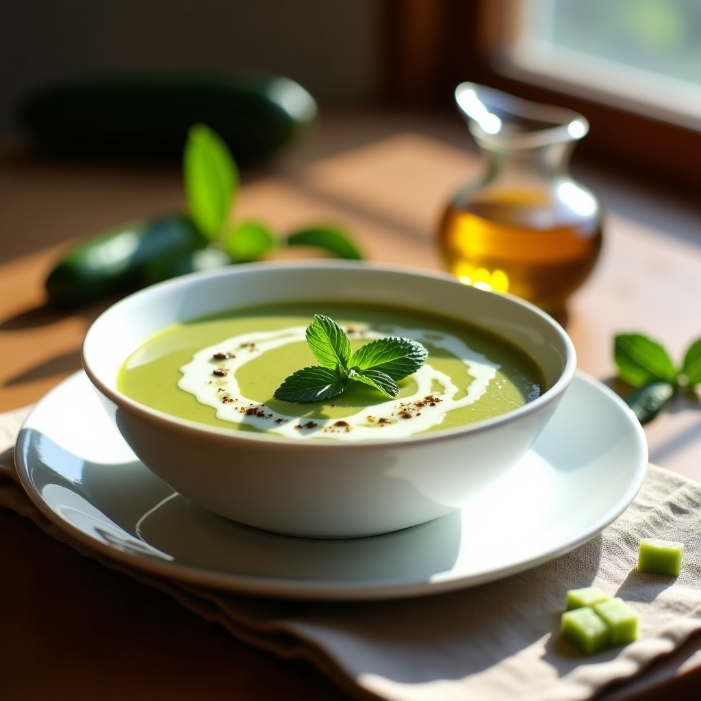 Cuenco de gazpacho andaluz trufado sin tomate, de color verde claro, decorado con aceite de trufa negra y hojas de menta fresca sobre una mesa de madera rústica.