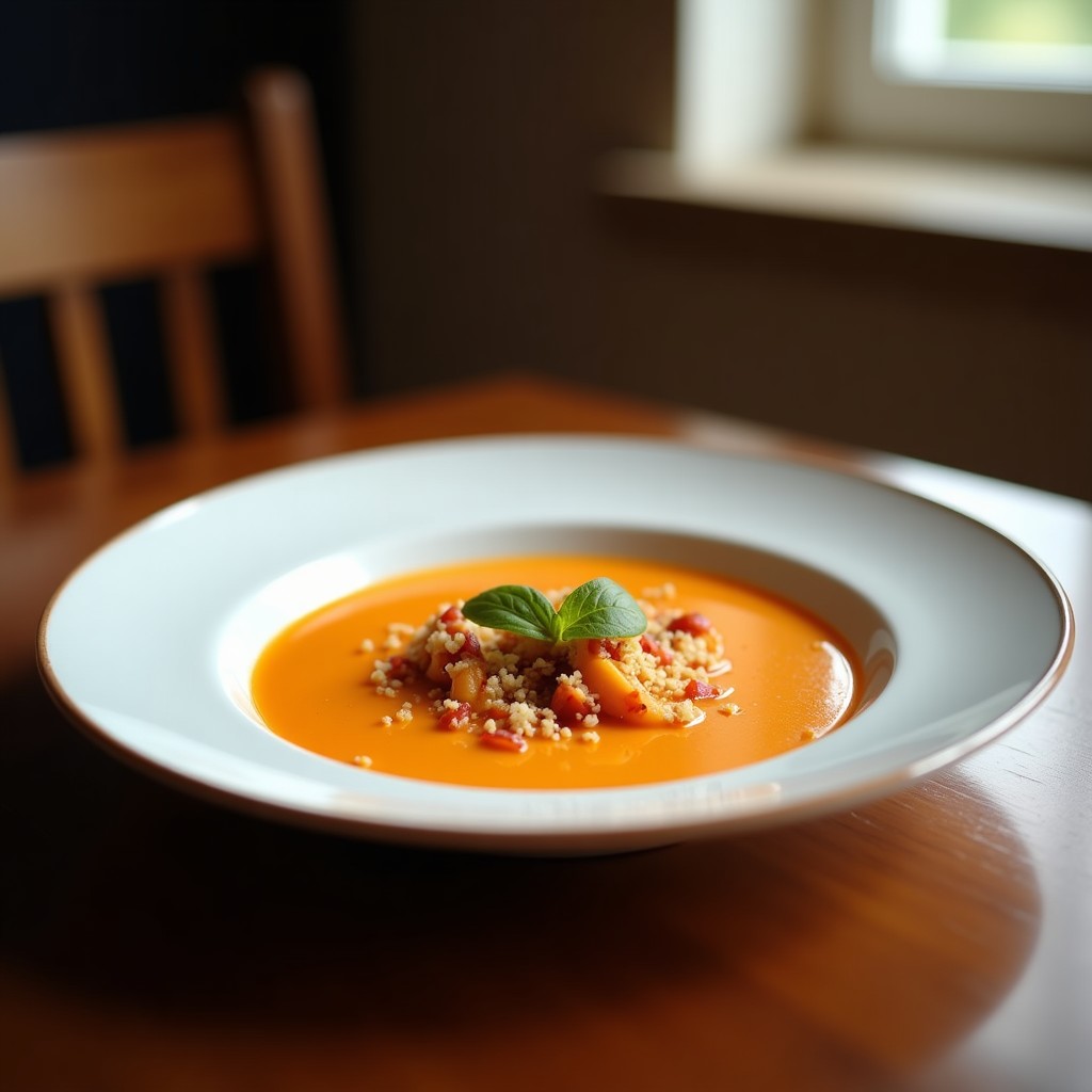 Cuenco de gazpacho andaluz trufado en Thermomix, con textura sedosa y color rojo intenso, decorado con hilo de aceite de trufa y cubitos de pepino fresco.
