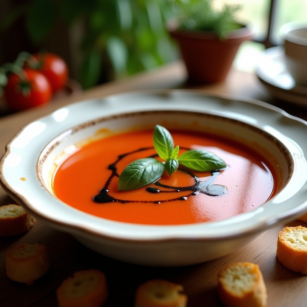 Cuenco de gazpacho andaluz trufado vegano con superficie sedosa, decorado con hilos de aceite de trufa negra, acompañado de croutons dorados y hojas de albahaca fresca.