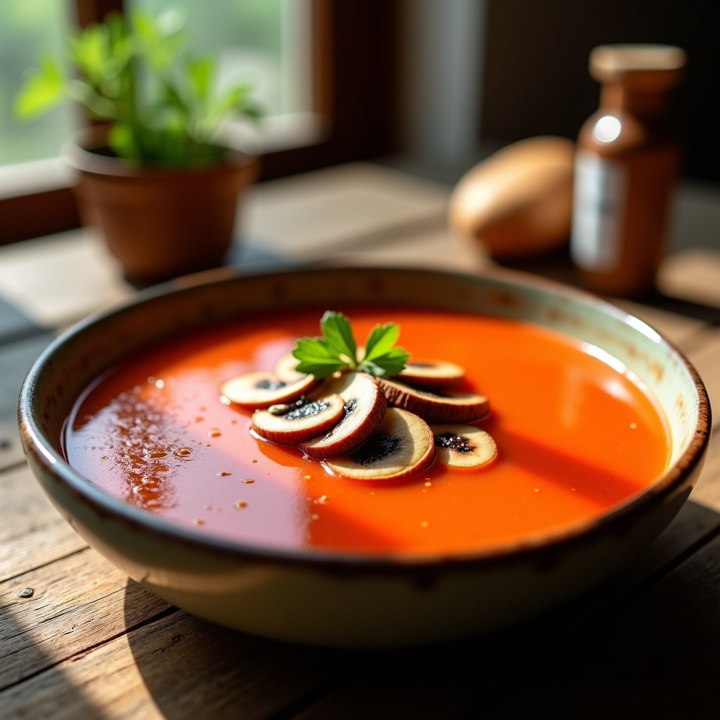 Cuenco de gazpacho andaluz frío con láminas de hongos shiitake, decorado con perejil fresco y un hilo de aceite de oliva sobre fondo rústico de madera.