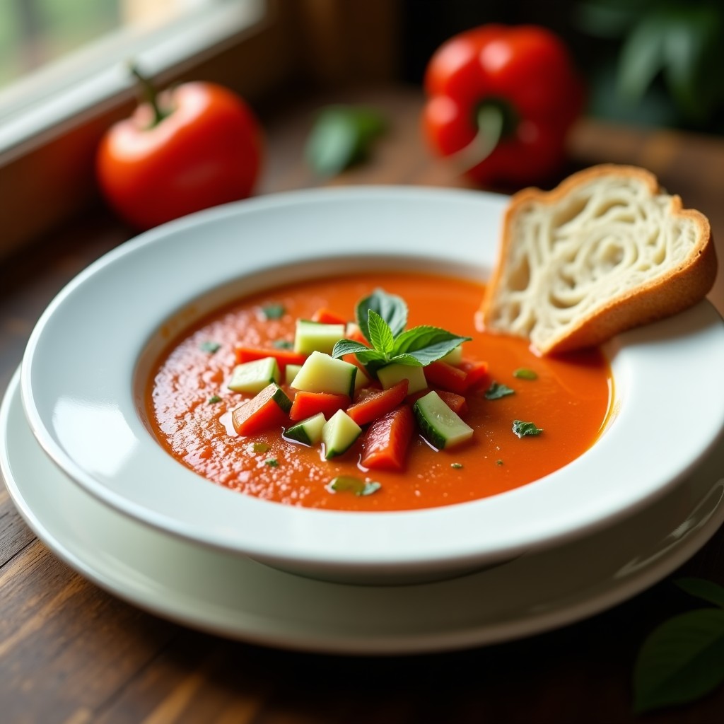 Cuenco de cerámica blanca con gazpacho andaluz frío, decorado con trozos de pimiento rojo asado, pepino y un hilo de aceite de oliva virgen extra sobre fondo rústico de madera.