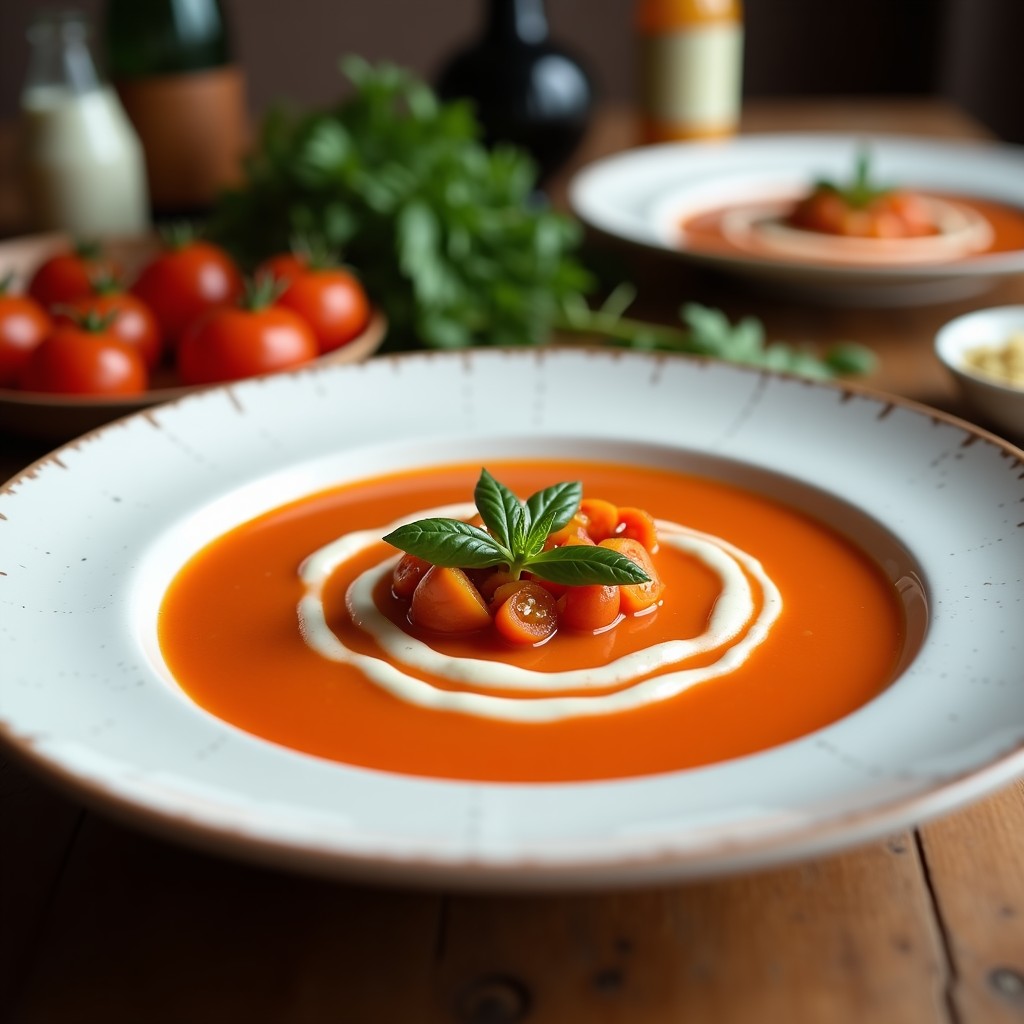 Vaso alto transparente lleno de gazpacho andaluz con zanahoria y jengibre, de color rojo intenso con reflejos naranjas, decorado con dados de pepino, pimiento y croutons. Receta fresca y digestiva.