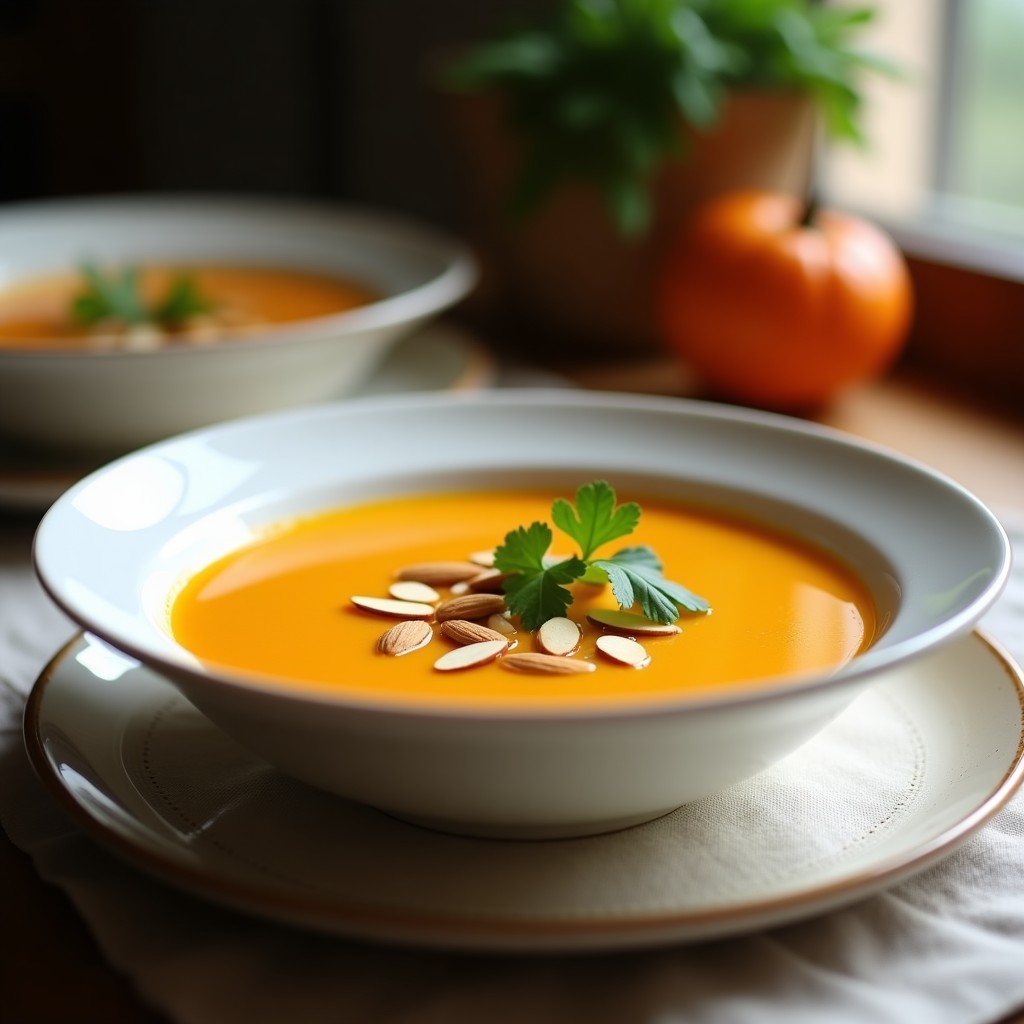 Cuenco de cerámica blanca con gazpacho andino de kiwicha y tumbo, decorado con almendras fileteadas y cilantro fresco, sobre un mantel de lino con fondo borroso de cocina rústica.