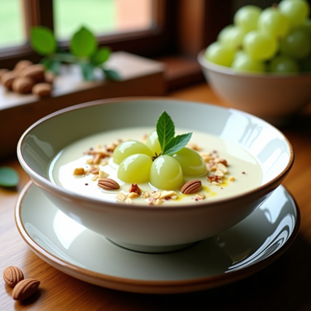 Cuenco de gazpacho blanco cremoso con trozos de uva verde y virutas de almendra tostada, receta andaluza refrescante.