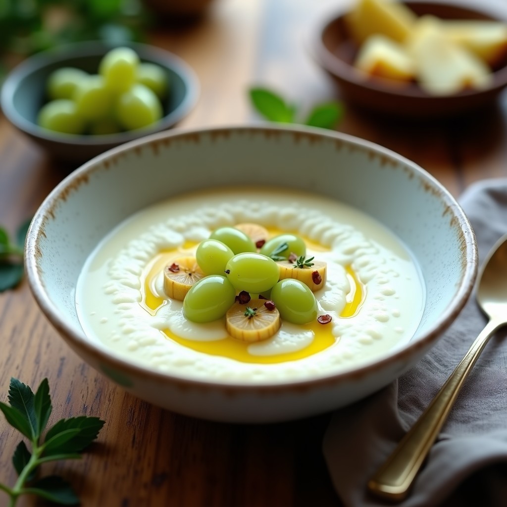 Cuenco de cerámica blanca con gazpacho blanco cremoso, decorado con uvas moscatel verdes, trocitos de manzana y un hilo de aceite de oliva virgen extra sobre fondo rústico de madera.