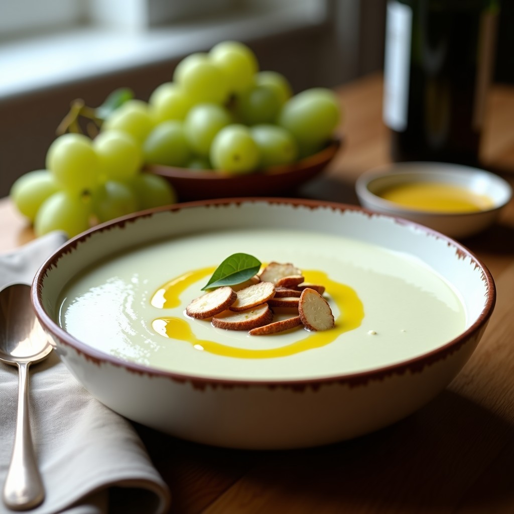Cuenco de barro blanco con gazpacho blanco cordobés cremoso, decorado con almendras tostadas, uvas verdes y un hilo de aceite de oliva virgen extra. Plato tradicional andaluz reinventado con toques crujientes.