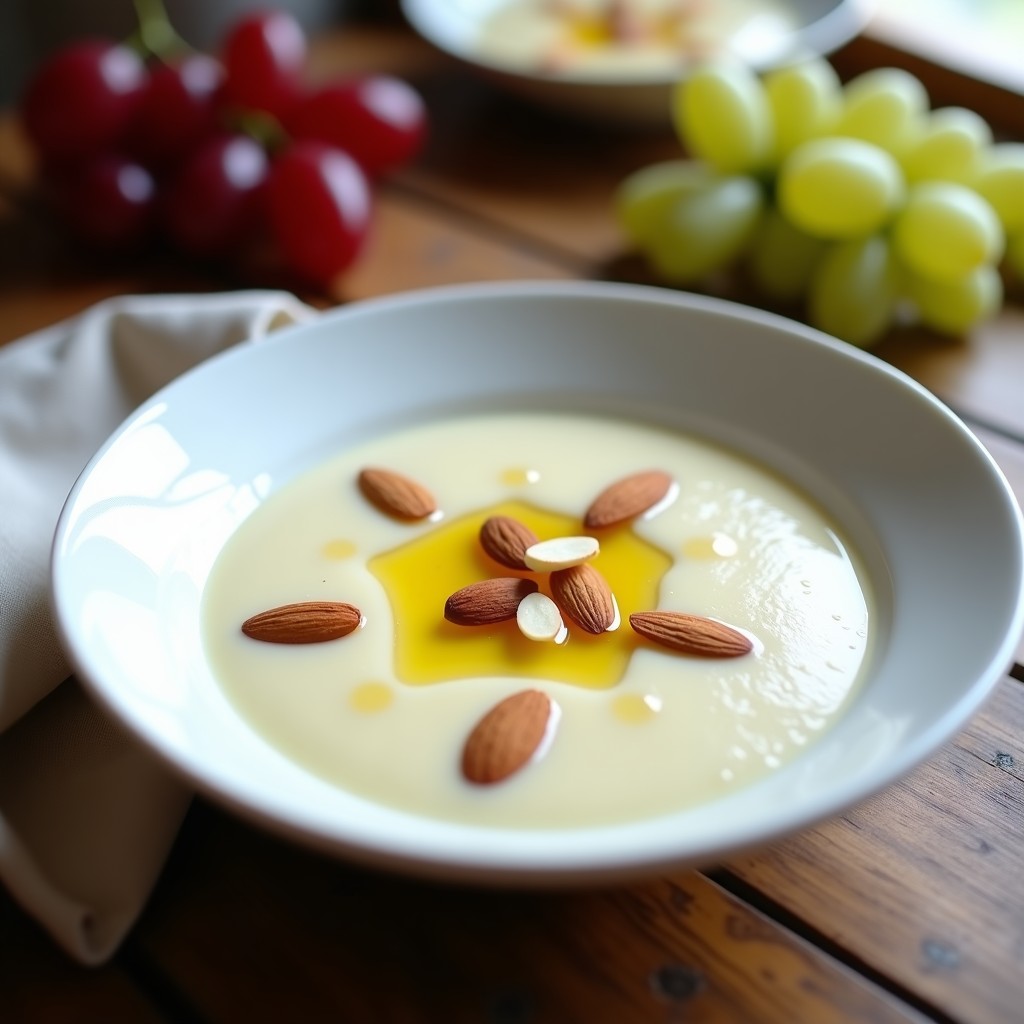 Cuenco de cerámica blanca con gazpacho blanco malagueño cremoso, adornado con almendras fileteadas y uvas moscatel, sobre una mesa rústica de madera con un chorrito de aceite de oliva virgen extra.