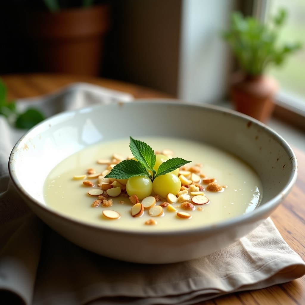 Cup de gazpacho blanco malagueño cremoso con trozos de uva moscatel y almendras picadas, servido en un bol rústico con fondo de mesa de madera.