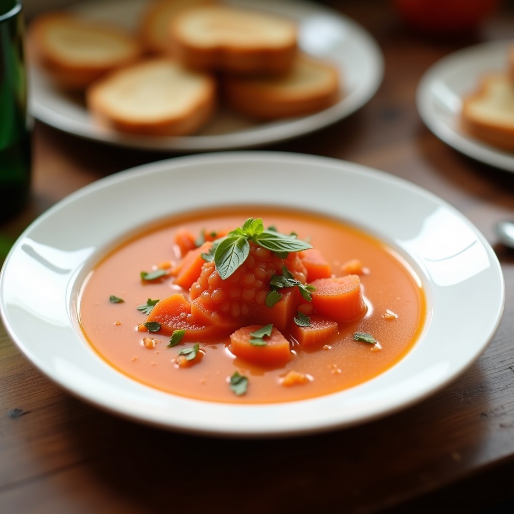 Foto de un gazpacho de cereza y albahaca con crujiente de jamón en un tazón de cerámica, con hojas de albahaca frescas y lonchas de jamón serrano crujientes