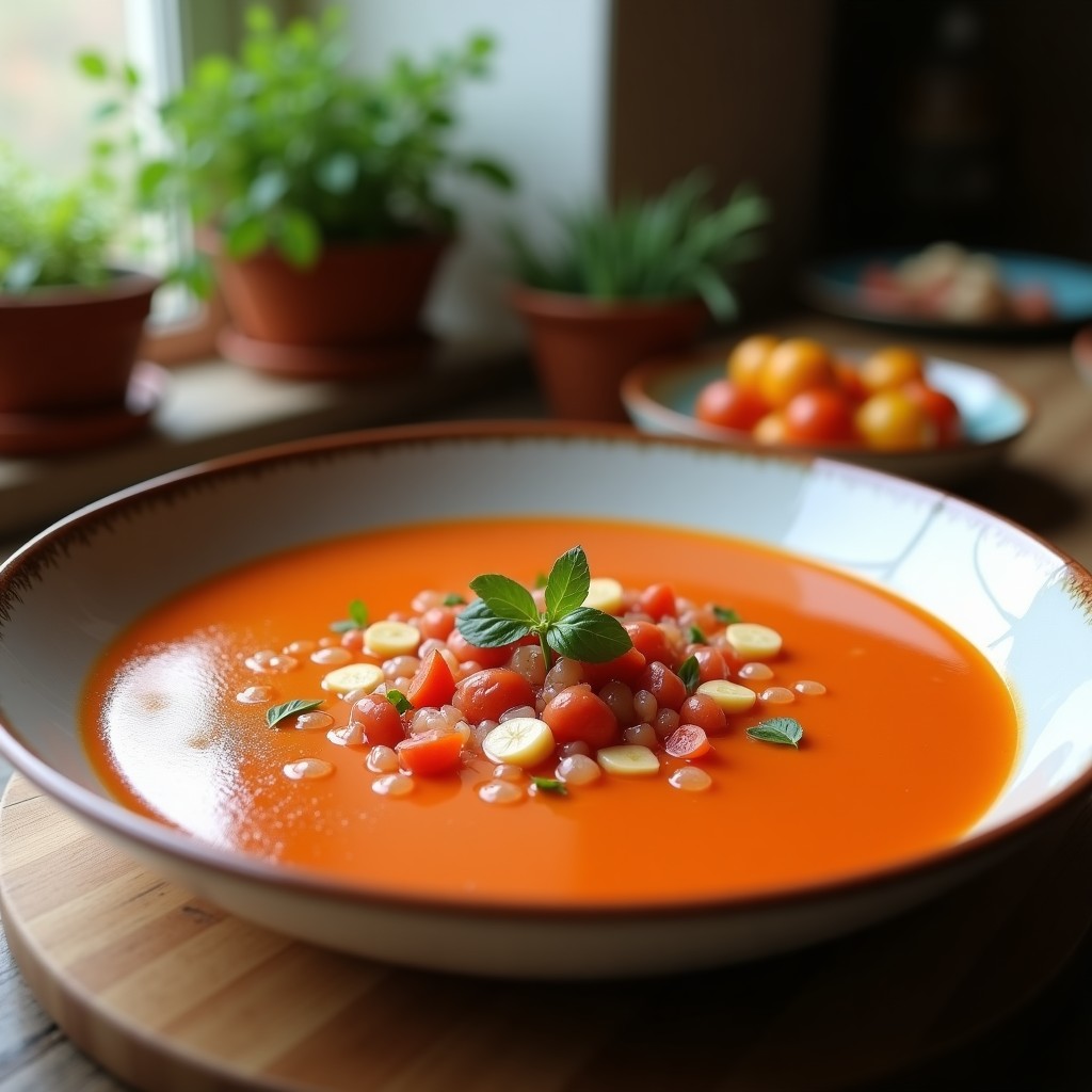 Gazpacho de cereza y remolacha con crujiente de jamón en un tazón, decorado con hojas de albahaca fresca