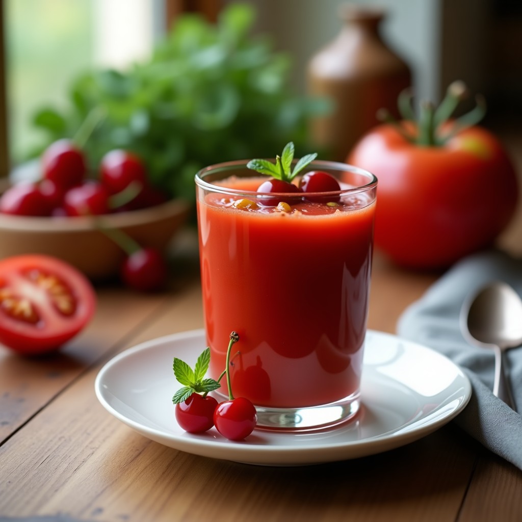 Vaso alto transparente con gazpacho de cereza y tomate ahumado, decorado con cerezas enteras y un hilo de aceite de oliva, sobre una mesa rústica de madera con fondo desenfocado.