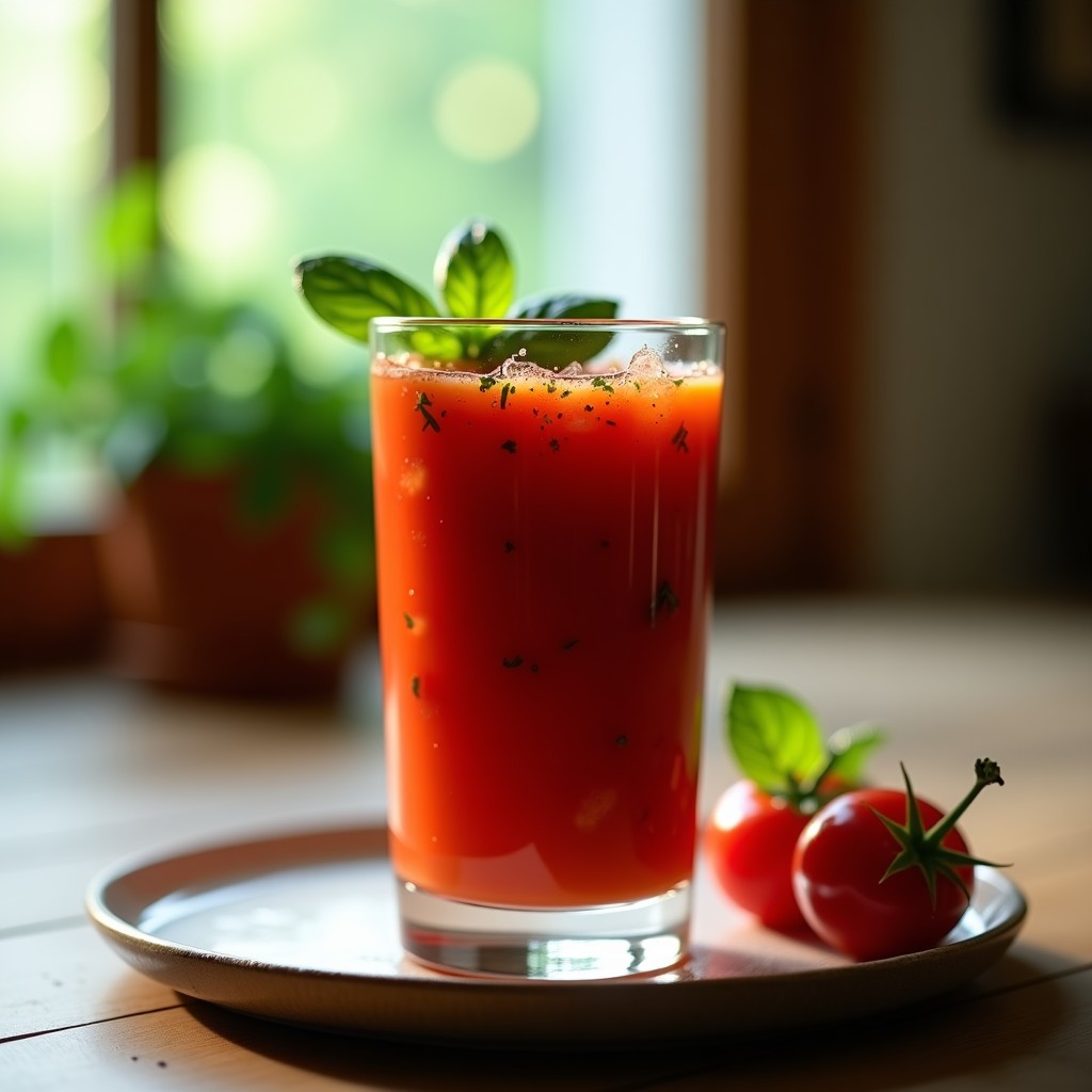 Vaso transparente con gazpacho de cereza y tomate seco, decorado con hojas de albahaca y un hilo de aceite de oliva, sobre fondo rústico de madera.