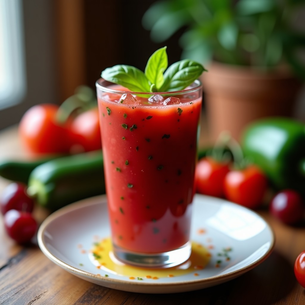Vaso alto transparente con gazpacho de cereza y tomate umami, de color rojo intenso con vetas moradas, decorado con hojas de albahaca fresca y un hilo de aceite de oliva virgen extra. Fondo borroso con ingredientes frescos como cerezas y tomates.