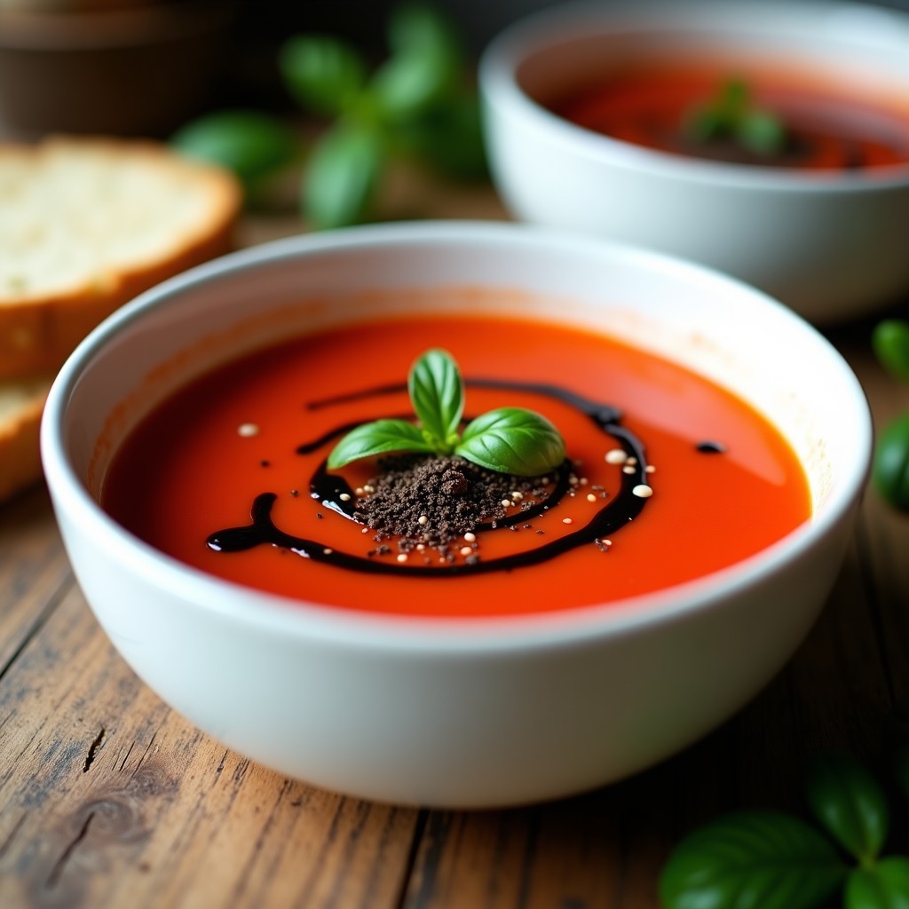 Cuenco de cerámica blanca con gazpacho cordobés frío, decorado con hilo de aceite de trufa y copos de alga nori, sobre fondo rústico de madera con hierbas frescas.