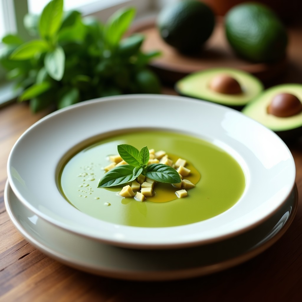 Cuenco blanco con gazpacho cremoso de aguacate en Thermomix, decorado con trozos de aguacate, hojas de albahaca y un hilo de aceite de oliva, sobre fondo de madera rústica.