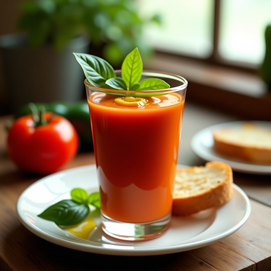 Vaso transparente con gazpacho cremoso de color rojo intenso, decorado con hojas de albahaca fresca y un hilo de aceite de oliva virgen extra, servido sobre una mesa rústica de madera con tomates y pimientos al fondo.