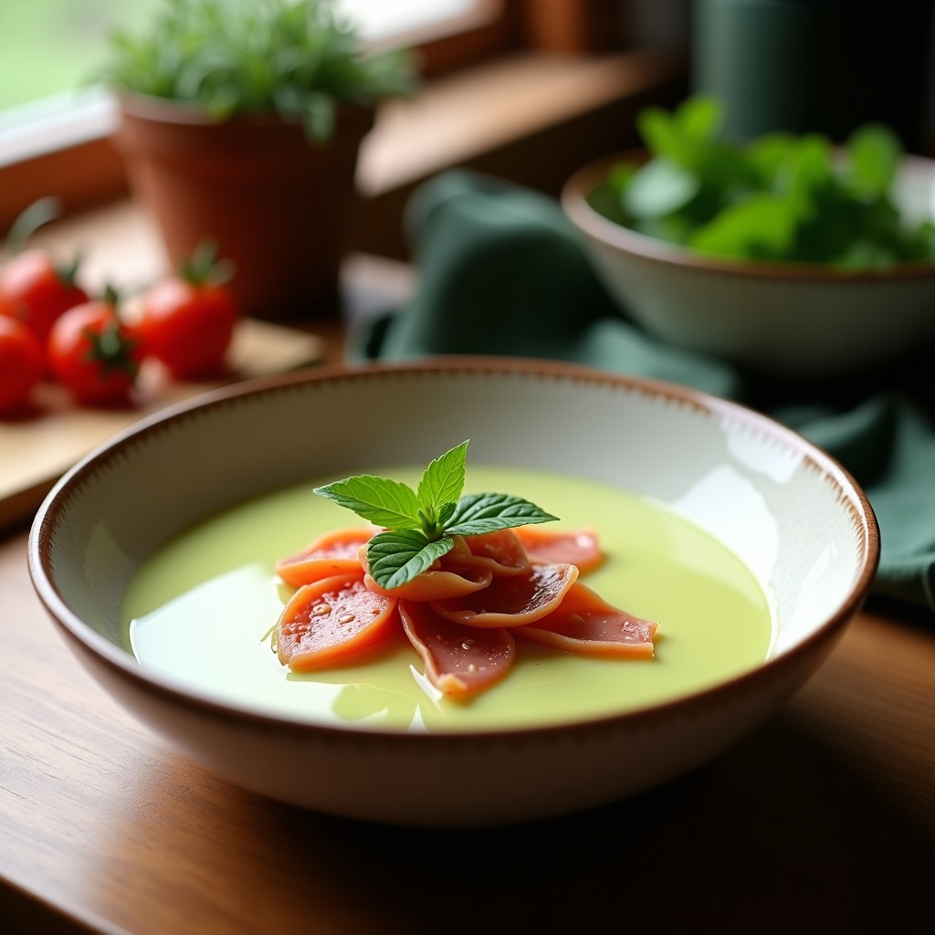 Gazpacho de Sandía y Menta con Crujiente de Jamón Serrano: Refrescante y Sofisticado