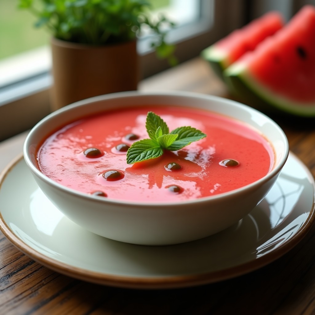 Cuenco de cerámica blanca con gazpacho de sandía y tomate helado, decorado con hojas de menta fresca y cubitos de hielo, sobre una mesa rústica de madera con fondo de verano.